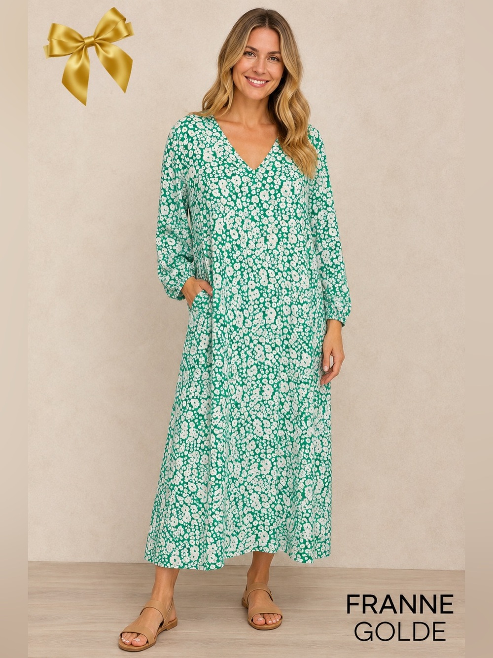 Franne Golde Golde 100% Rayon Green Floral Long Sleeve Maxi Dress Size Large
